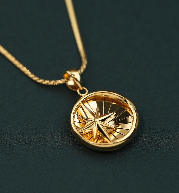 18K Solid Gold Laser process Medallion pendant/Fancy 18K gold Eight Awn Star pendant/Wedding,Anniversary necklace/gift for her