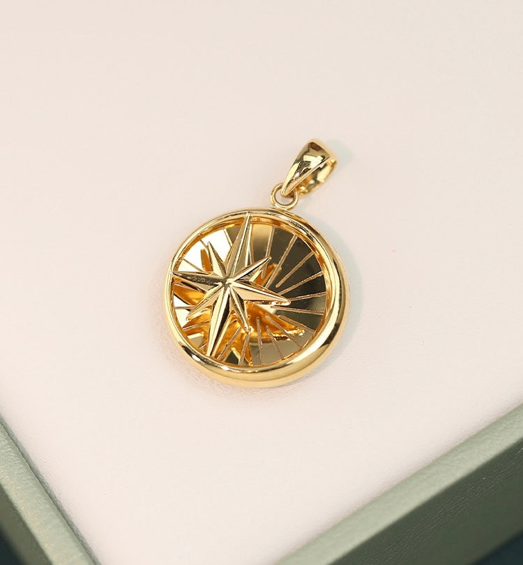 18K Solid Gold Laser process Medallion pendant/Fancy 18K gold Eight Awn Star pendant/Wedding,Anniversary necklace/gift for her