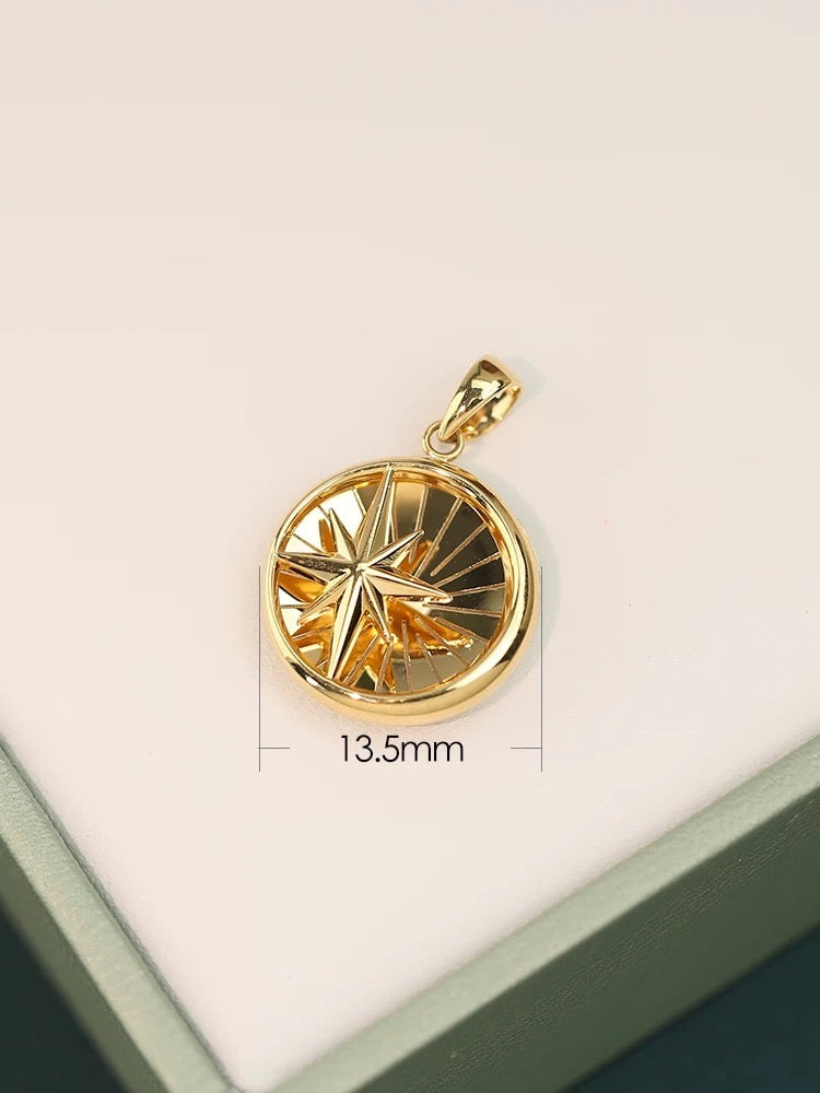 18K Solid Gold Laser process Medallion pendant/Fancy 18K gold Eight Awn Star pendant/Wedding,Anniversary necklace/gift for her