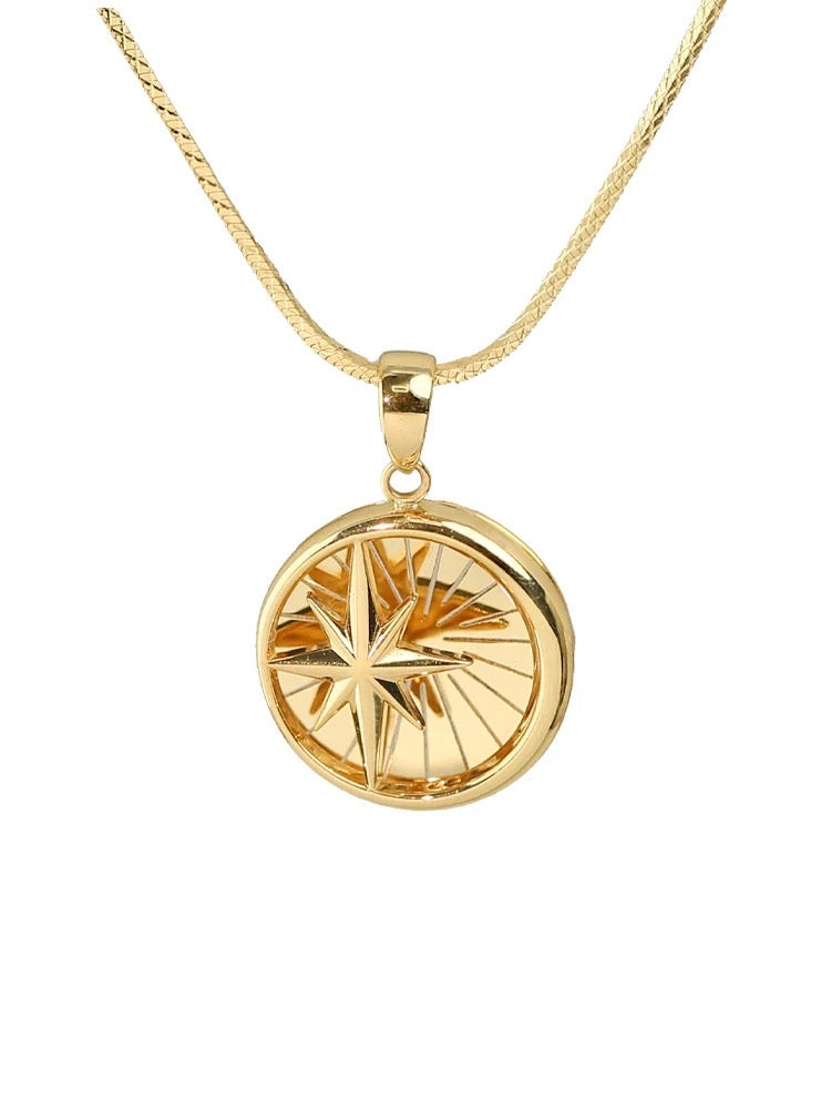 18K Solid Gold Laser process Medallion pendant/Fancy 18K gold Eight Awn Star pendant/Wedding,Anniversary necklace/gift for her