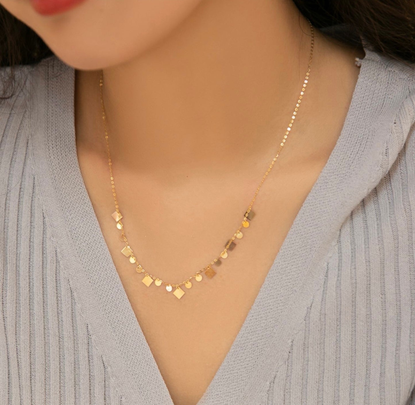 Art Deco 18K solid gold Necklace/Genuine 18K gold Multi drop pieces necklace/Wedding Necklace/Anniversary gift for her/K gold necklace