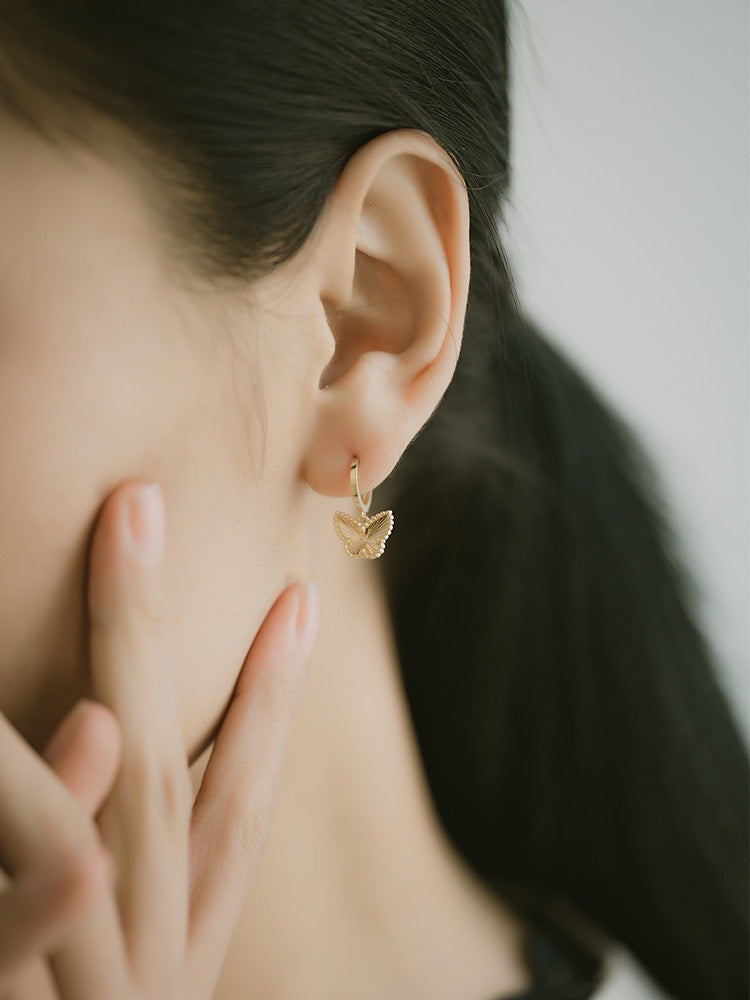 Art Deco 14K Solid Gold Laser process Butterfly Hoop earrings/Dainty 14K gold earring gold butterfly earring/gold Hoop earring/gift for her