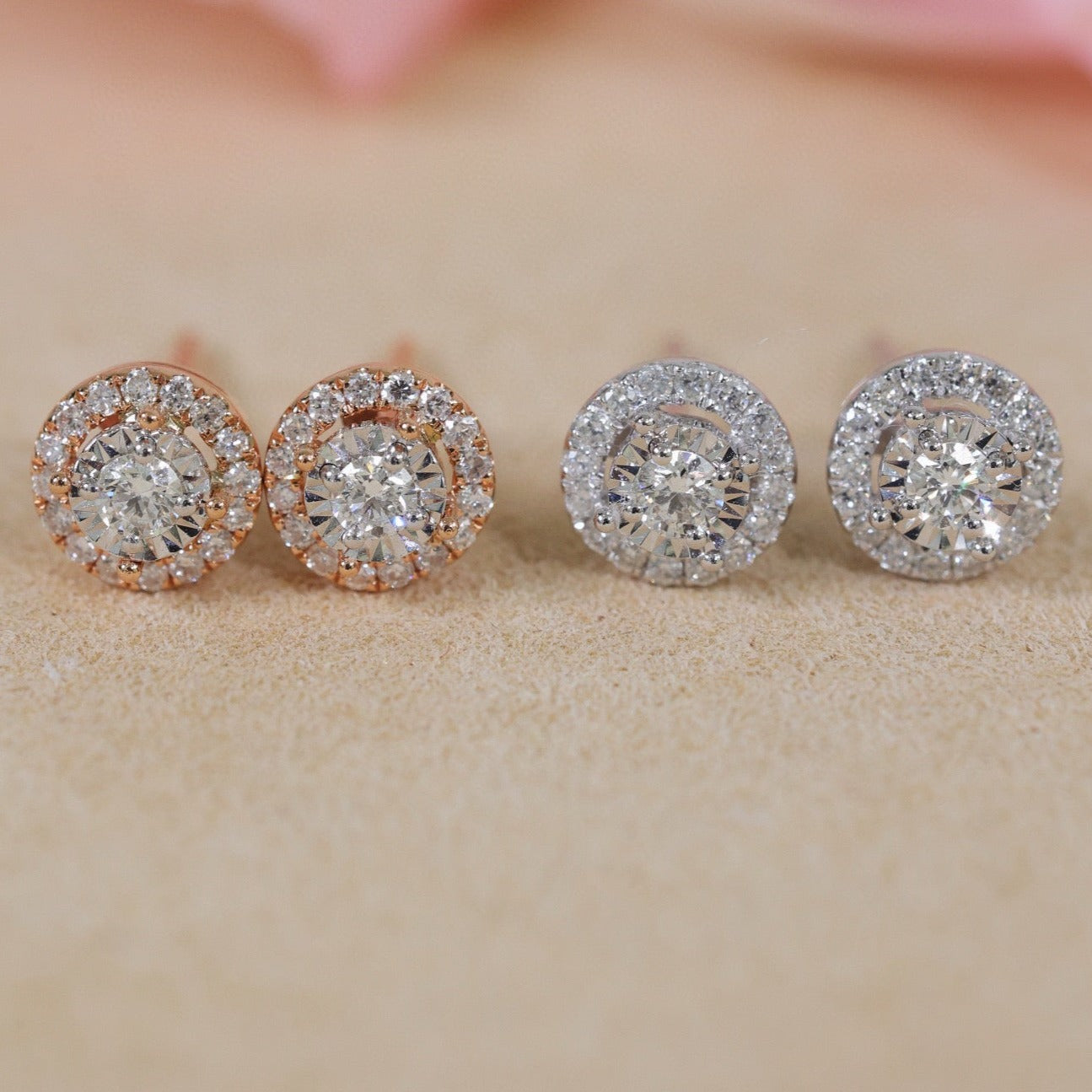 18K Solid Gold Diamond Stud Earrings, Round stud earrings