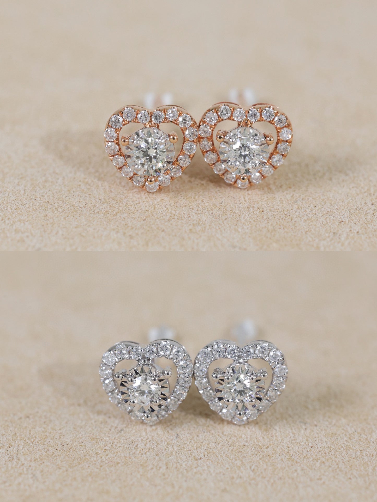 18K Solid Gold Diamond Stud Earrings, Heart stud earrings