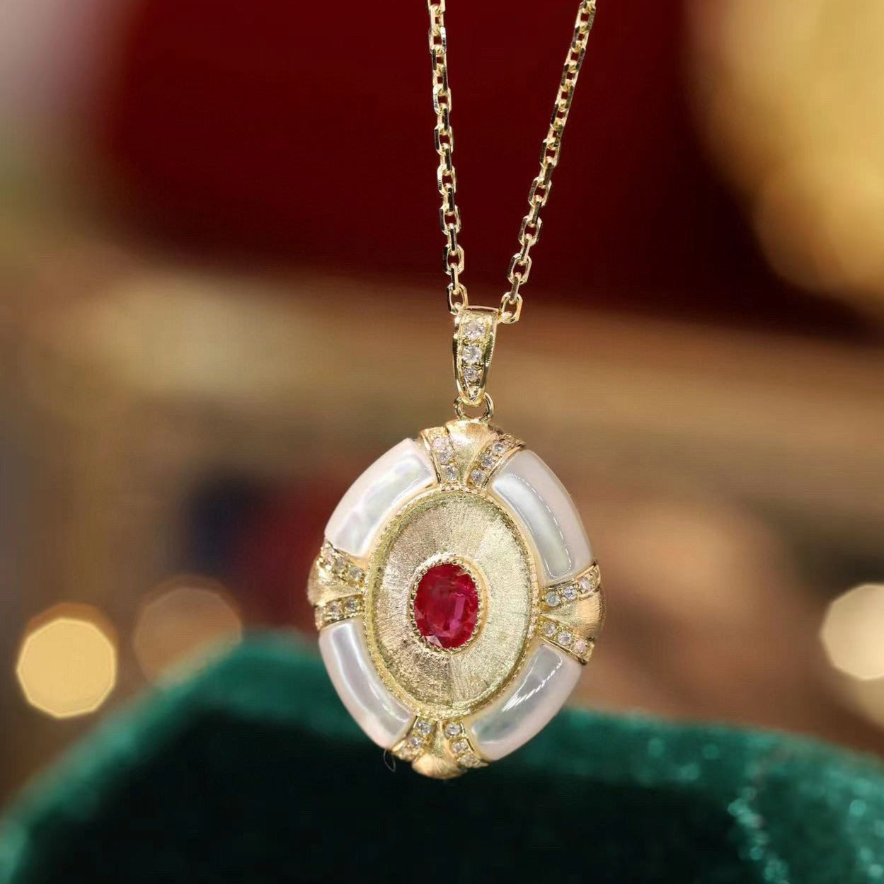 Vintage Ruby Diamond Pendant, 18K Solid Gold Ruby with Mother of pearl , diamond pendant necklace