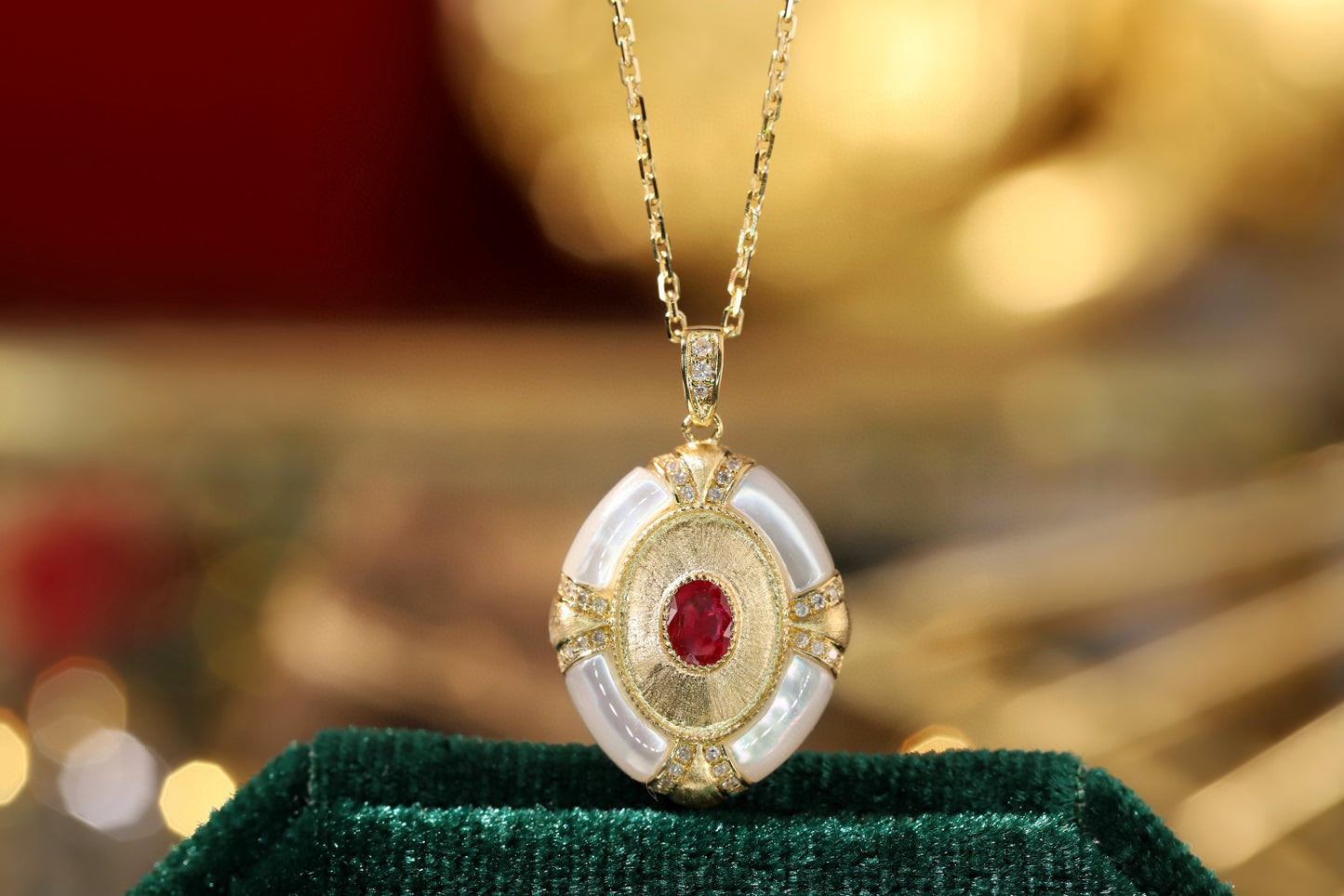 Vintage Ruby Diamond Pendant, 18K Solid Gold Ruby with Mother of pearl , diamond pendant necklace