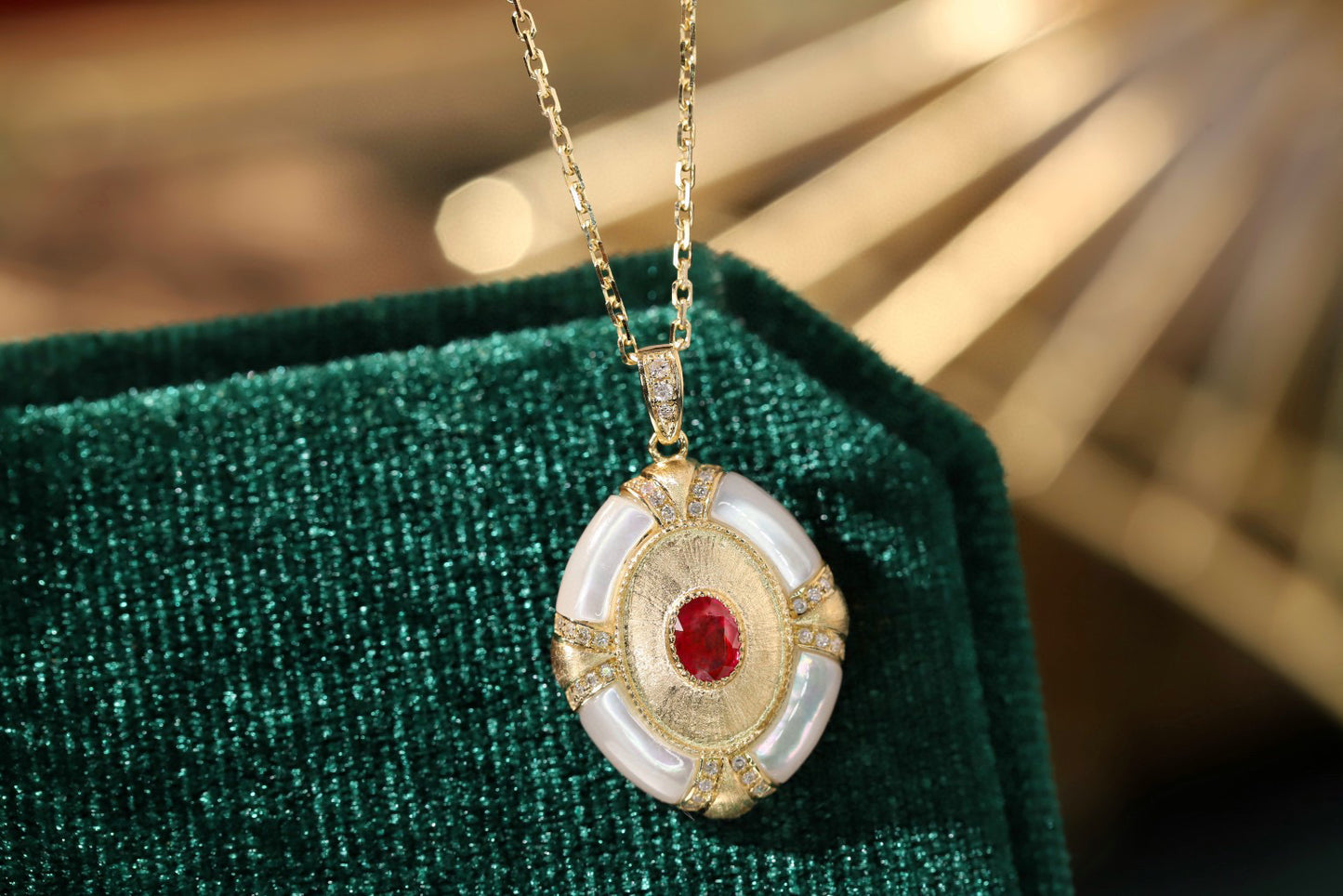 Vintage Ruby Diamond Pendant, 18K Solid Gold Ruby with Mother of pearl , diamond pendant necklace