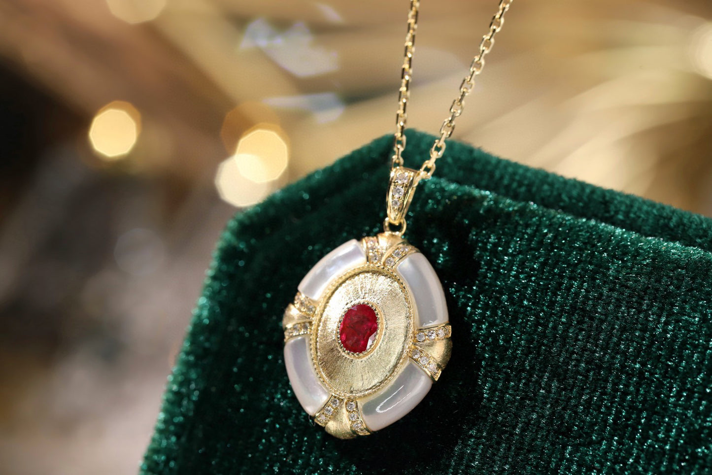 Vintage Ruby Diamond Pendant, 18K Solid Gold Ruby with Mother of pearl , diamond pendant necklace