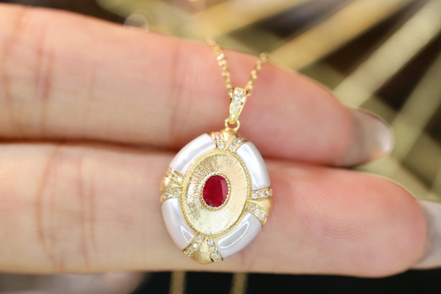 Vintage Ruby Diamond Pendant, 18K Solid Gold Ruby with Mother of pearl , diamond pendant necklace