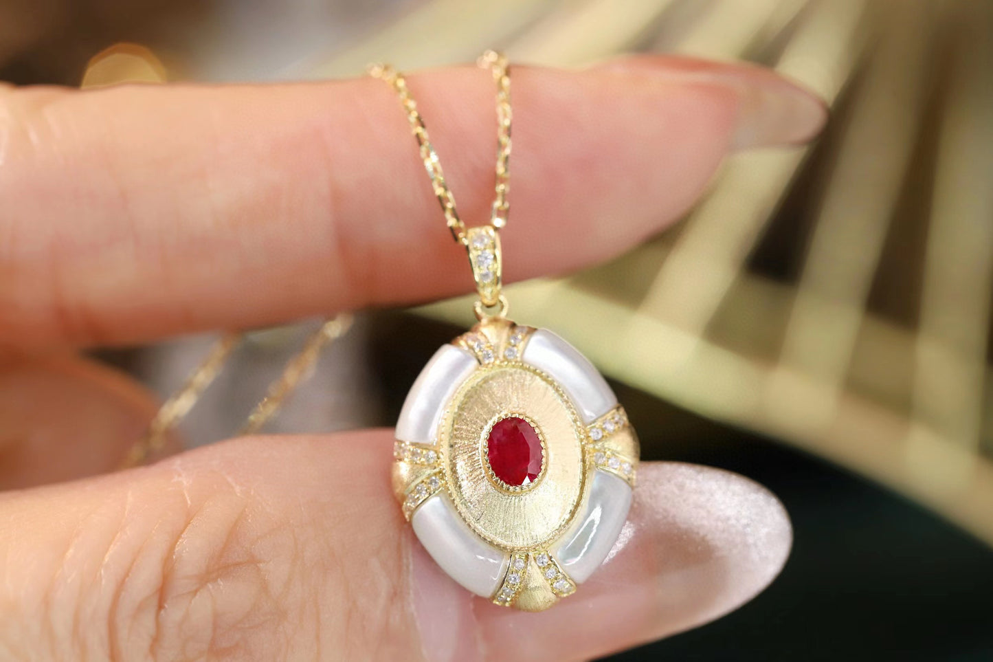 Vintage Ruby Diamond Pendant, 18K Solid Gold Ruby with Mother of pearl , diamond pendant necklace