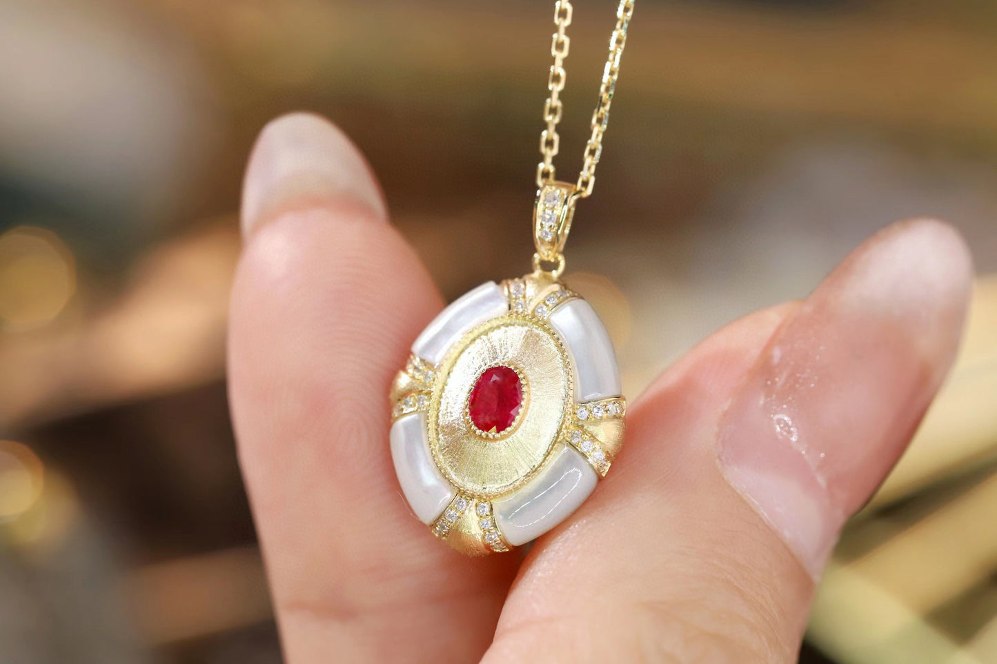 Vintage Ruby Diamond Pendant, 18K Solid Gold Ruby with Mother of pearl , diamond pendant necklace