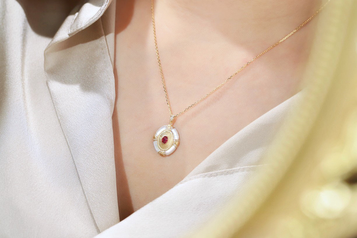 Vintage Ruby Diamond Pendant, 18K Solid Gold Ruby with Mother of pearl , diamond pendant necklace