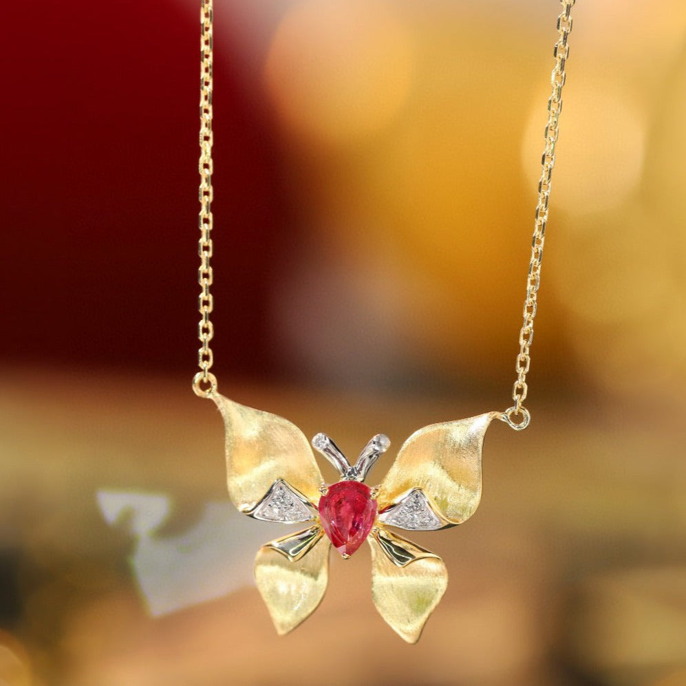 Ruby Butterfly Necklace, 18K Solid Gold Ruby Diamond Butterfly necklace