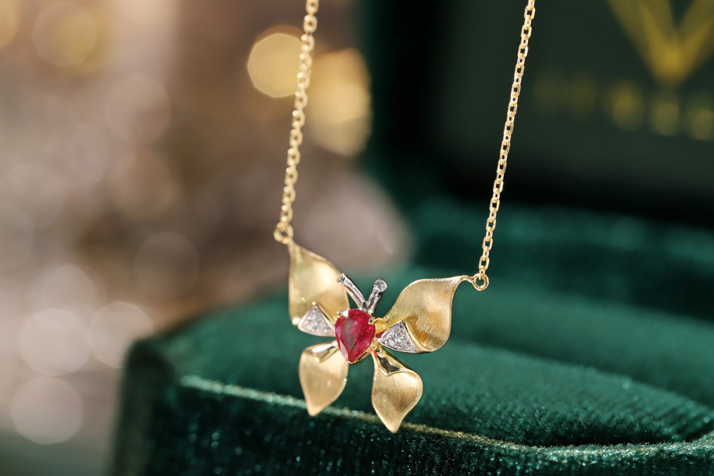 Ruby Butterfly Necklace, 18K Solid Gold Ruby Diamond Butterfly necklace