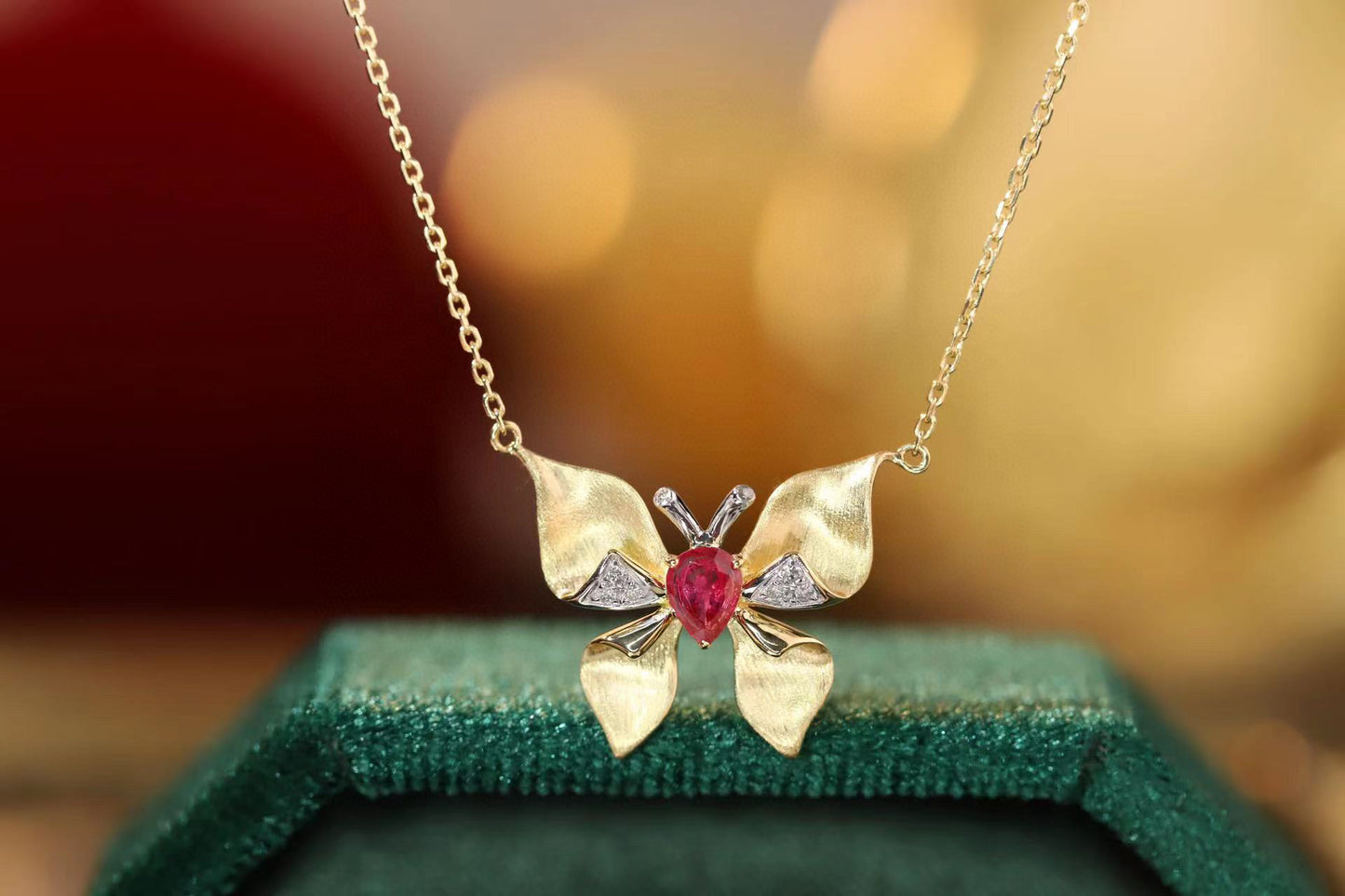 Ruby Butterfly Necklace, 18K Solid Gold Ruby Diamond Butterfly necklace