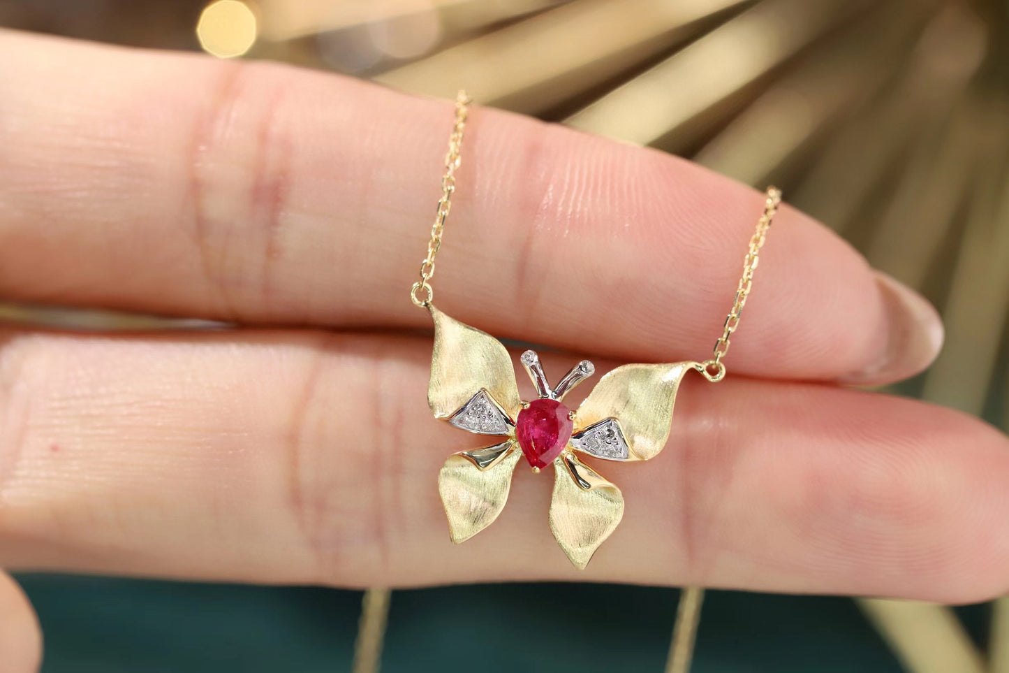 Ruby Butterfly Necklace, 18K Solid Gold Ruby Diamond Butterfly necklace