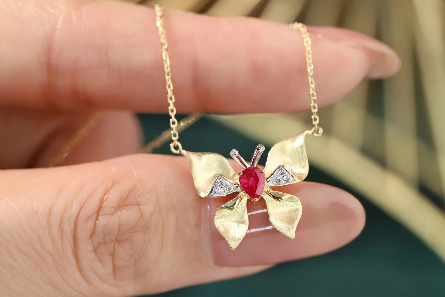 Ruby Butterfly Necklace, 18K Solid Gold Ruby Diamond Butterfly necklace