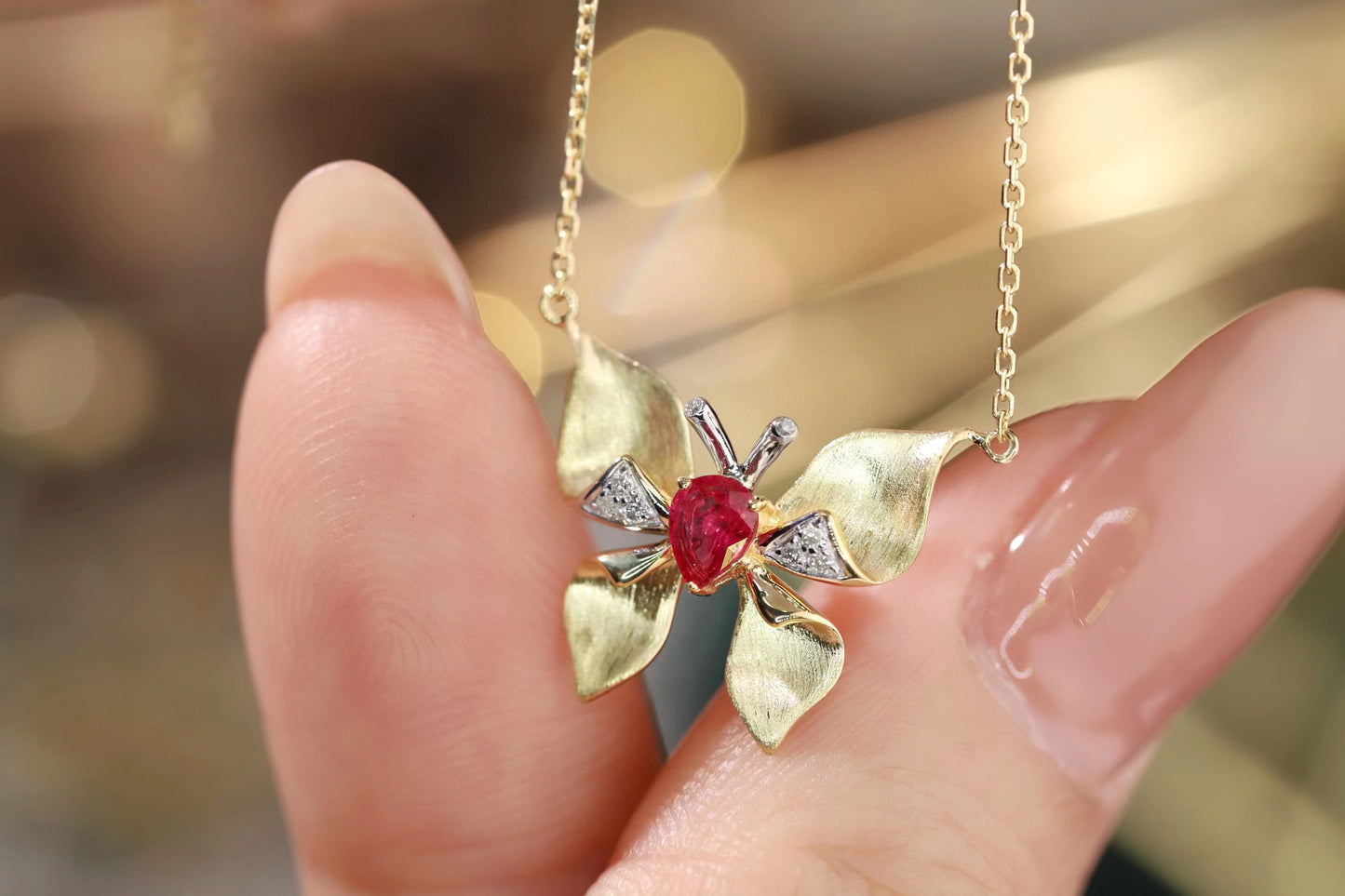 Ruby Butterfly Necklace, 18K Solid Gold Ruby Diamond Butterfly necklace