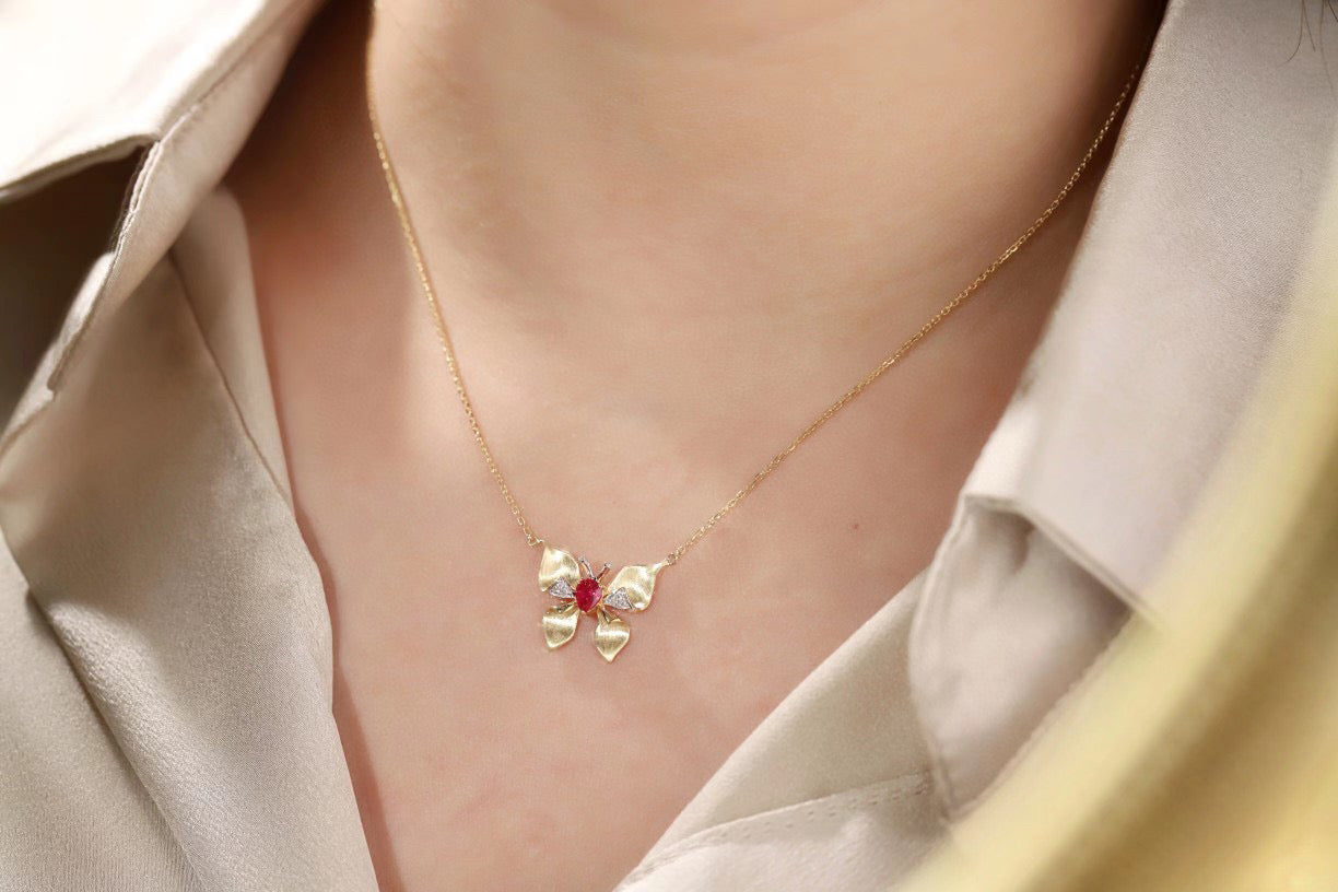 Ruby Butterfly Necklace, 18K Solid Gold Ruby Diamond Butterfly necklace