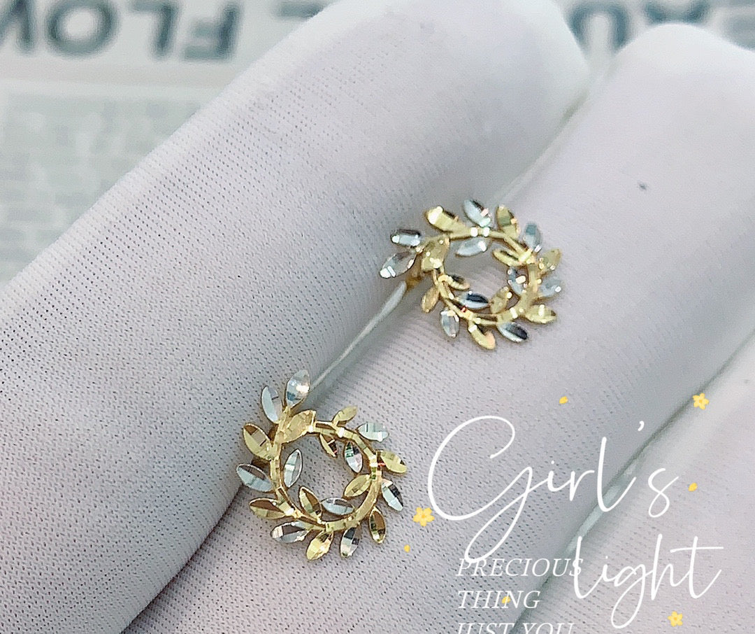 18K Solid gold leaf wreath Stud earrings/two tone color leave wreath earrings/gift for her/K gold stud earrings/ birthday gift