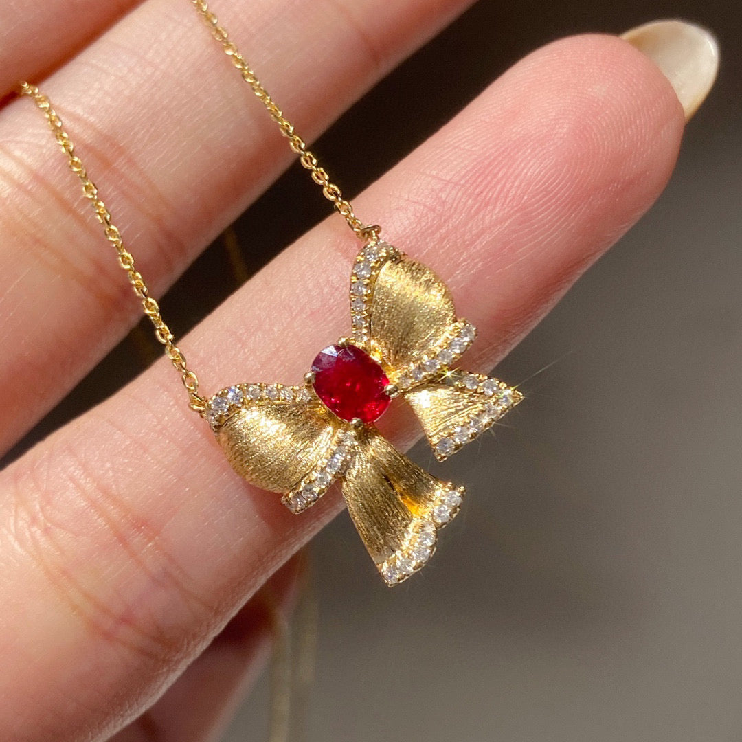 Art Deco Ruby Diamond Bow Necklace, 18K Solid Gold Ruby Diamond Bow Necklace