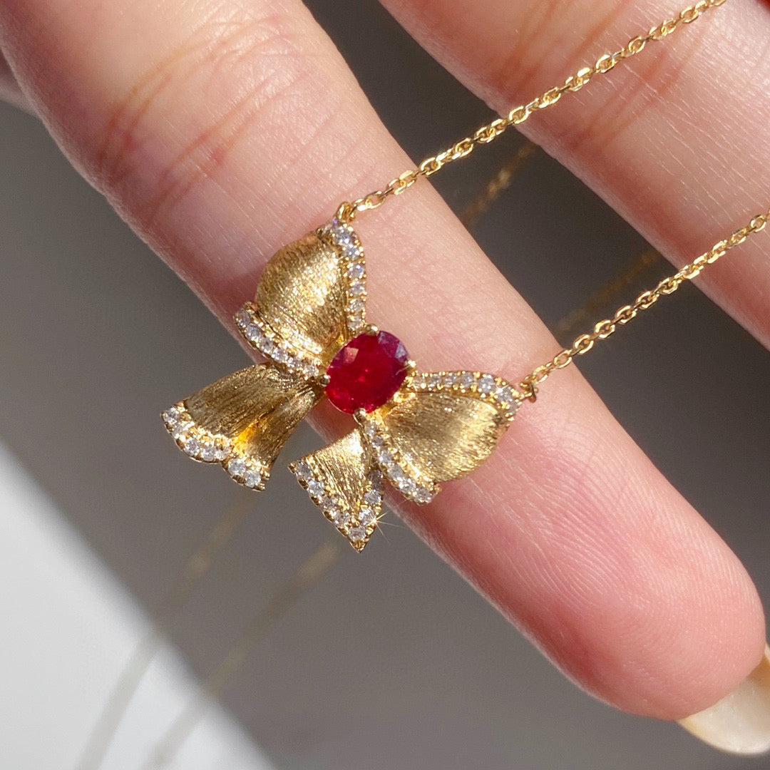 Art Deco Ruby Diamond Bow Necklace, 18K Solid Gold Ruby Diamond Bow Necklace