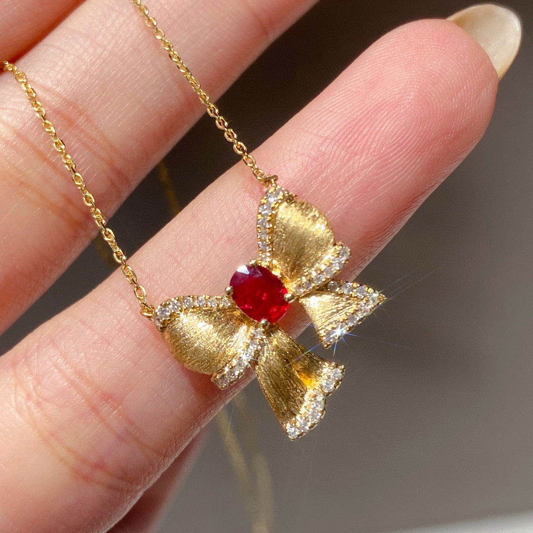 Art Deco Ruby Diamond Bow Necklace, 18K Solid Gold Ruby Diamond Bow Necklace