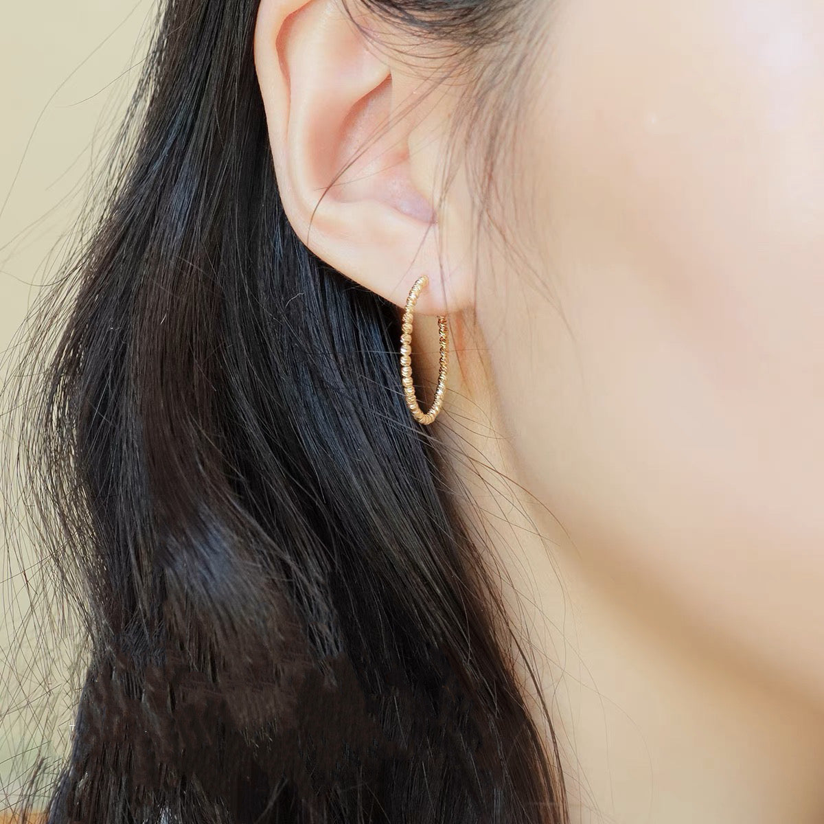 Minimalist 18K solid Bead Big Hoop earrings/Genuine classic 18K gold Hoop earrings/gift for her/K gold Bead Hoop earrings/ birthday gift