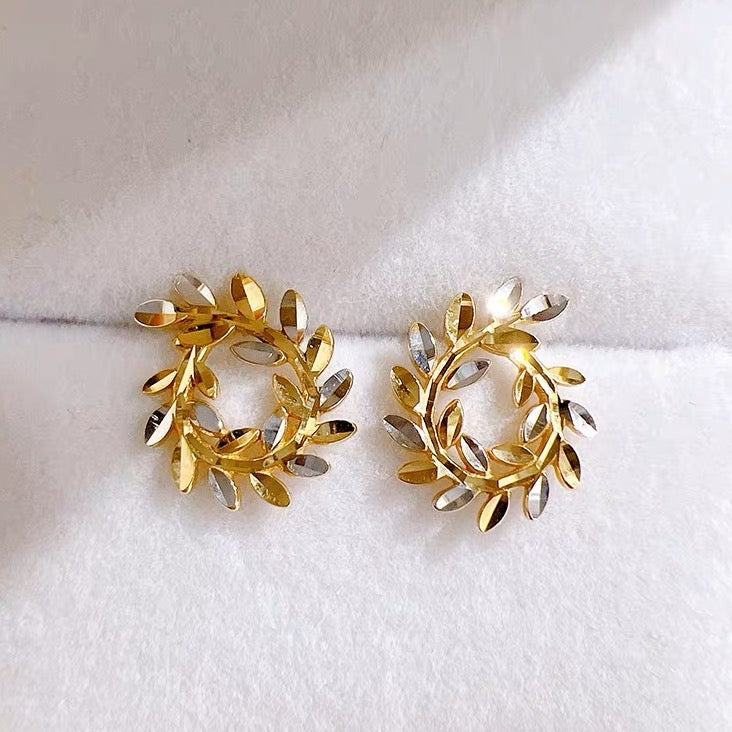 18K Solid gold leaf wreath Stud earrings/two tone color leave wreath earrings/gift for her/K gold stud earrings/ birthday gift