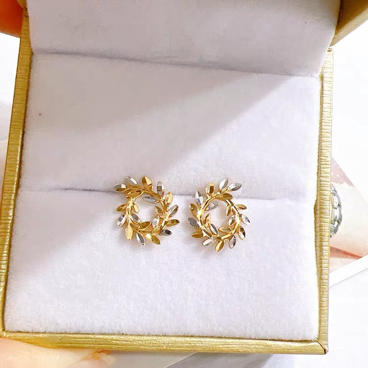 18K Solid gold leaf wreath Stud earrings/two tone color leave wreath earrings/gift for her/K gold stud earrings/ birthday gift