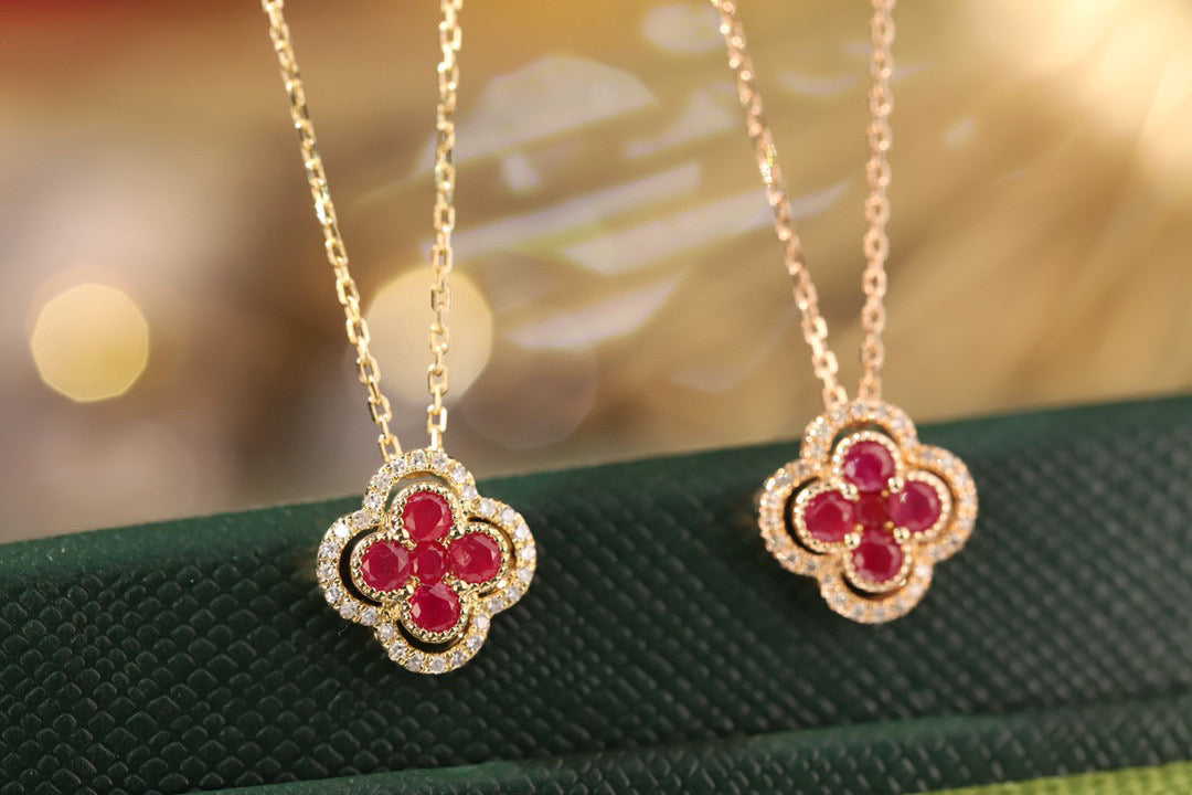 18K Solid Gold Genuine Ruby Diamond  Clover necklace/Dainty Four leaf clover Ruby necklace/wedding,Anniversary Jewelry/ gift for her