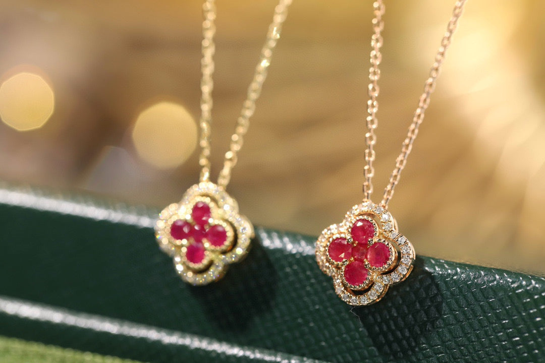 18K Solid Gold Genuine Ruby Diamond  Clover necklace/Dainty Four leaf clover Ruby necklace/wedding,Anniversary Jewelry/ gift for her