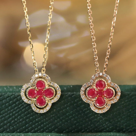 18K Solid Gold Genuine Ruby Diamond  Clover necklace/Dainty Four leaf clover Ruby necklace/wedding,Anniversary Jewelry/ gift for her