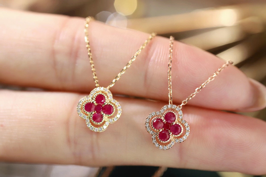 18K Solid Gold Genuine Ruby Diamond  Clover necklace/Dainty Four leaf clover Ruby necklace/wedding,Anniversary Jewelry/ gift for her