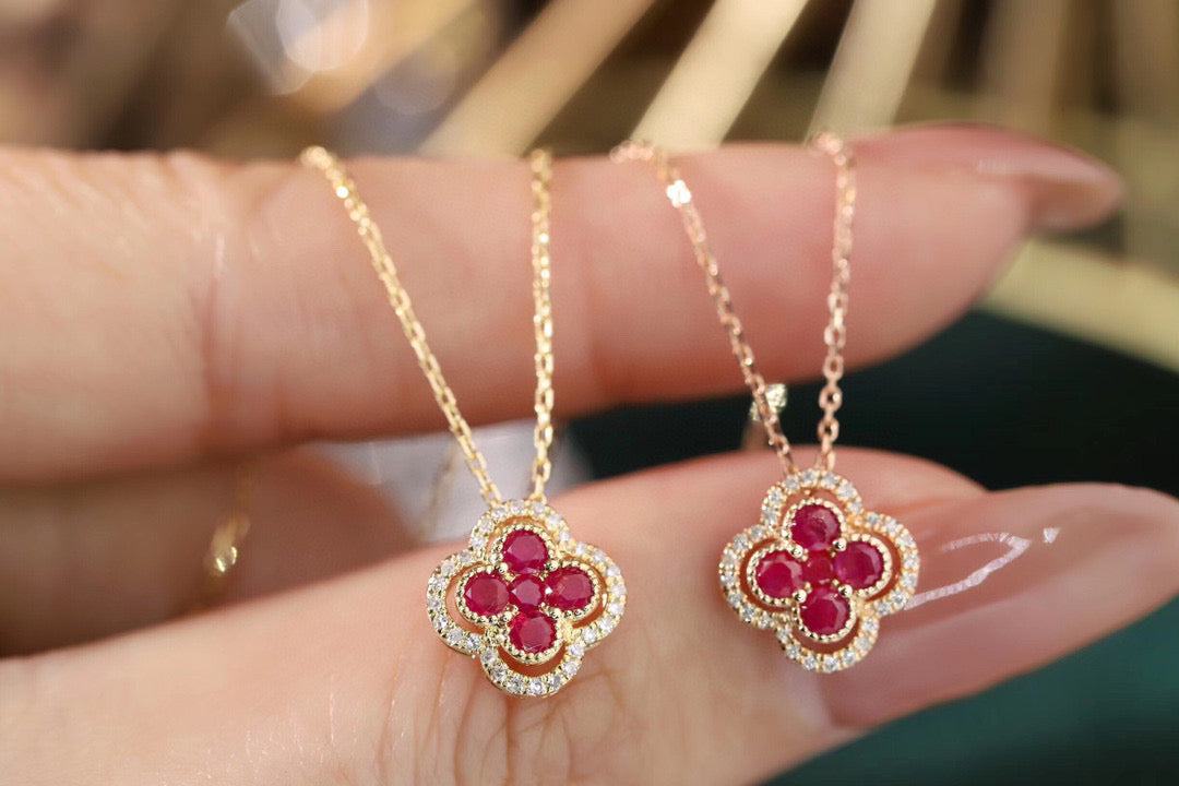 18K Solid Gold Genuine Ruby Diamond  Clover necklace/Dainty Four leaf clover Ruby necklace/wedding,Anniversary Jewelry/ gift for her