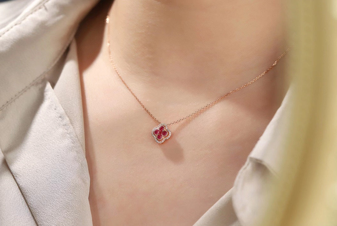 18K Solid Gold Genuine Ruby Diamond  Clover necklace/Dainty Four leaf clover Ruby necklace/wedding,Anniversary Jewelry/ gift for her