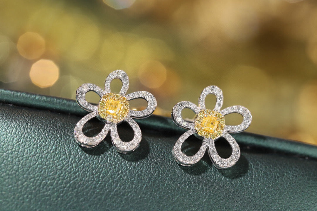 18K Solid Gold Yellow Diamond Flower Stud Earrings/Genuine Diamond earrings/ gift for her