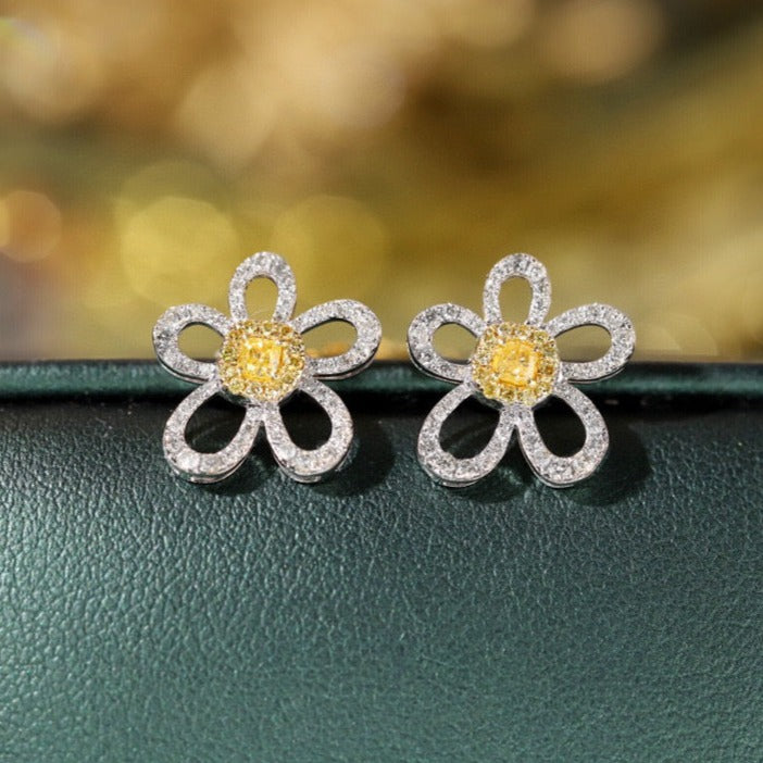 18K Solid Gold Yellow Diamond Flower Stud Earrings/Genuine Diamond earrings/ gift for her