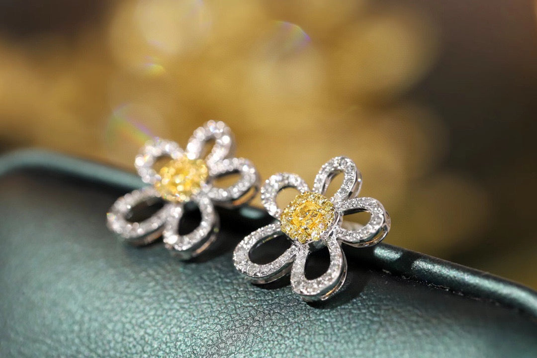 18K Solid Gold Yellow Diamond Flower Stud Earrings/Genuine Diamond earrings/ gift for her