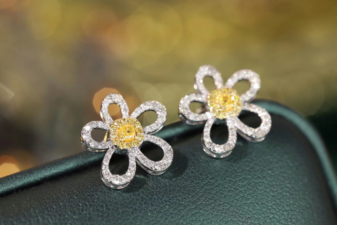 18K Solid Gold Yellow Diamond Flower Stud Earrings/Genuine Diamond earrings/ gift for her