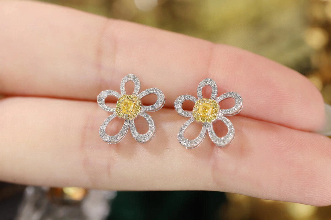 18K Solid Gold Yellow Diamond Flower Stud Earrings/Genuine Diamond earrings/ gift for her