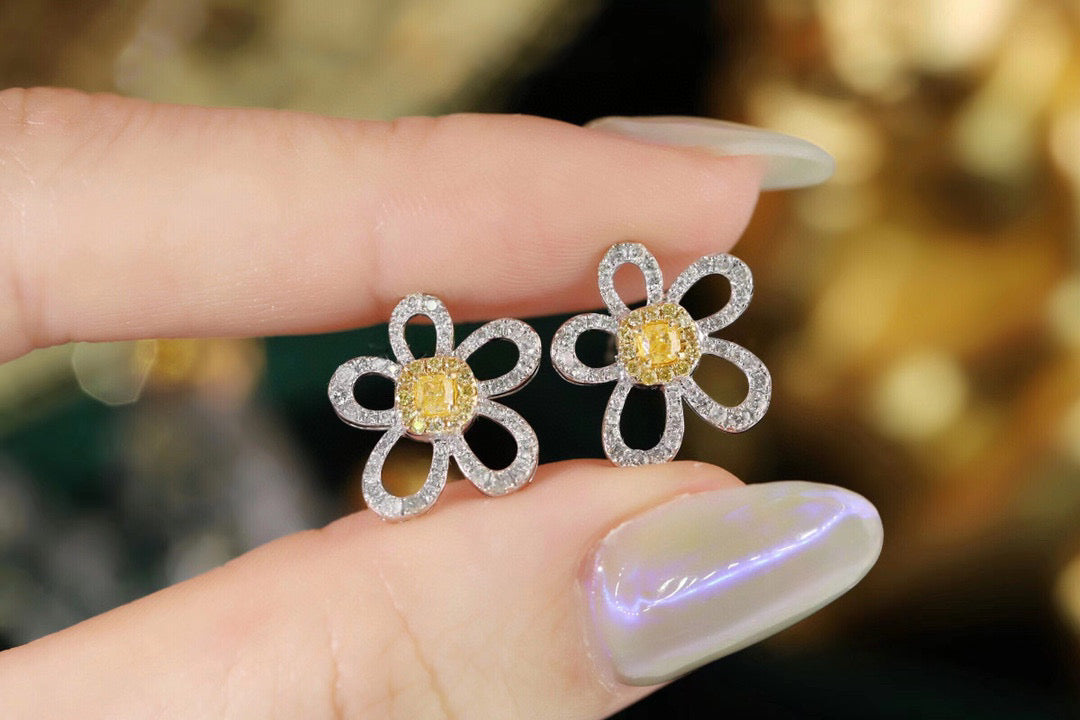 18K Solid Gold Yellow Diamond Flower Stud Earrings/Genuine Diamond earrings/ gift for her