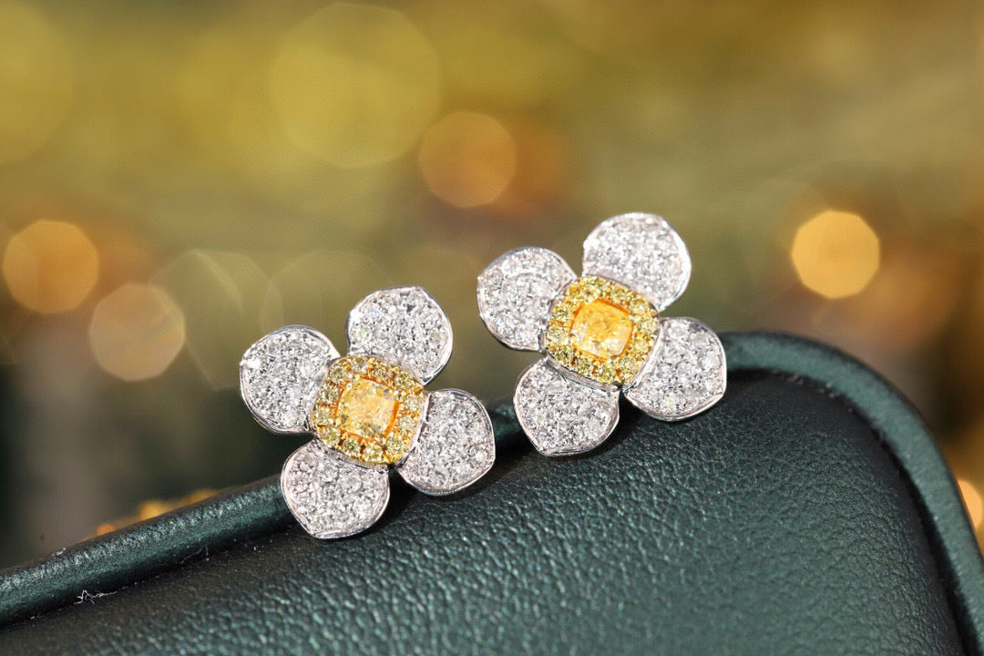 18K Solid Gold Yellow Diamond Four Leaf clover Stud Earrings/Genuine Full Diamond earrings/ gift for her