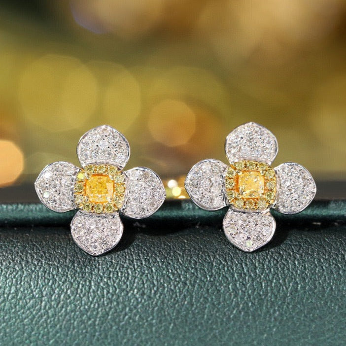 18K Solid Gold Yellow Diamond Four Leaf clover Stud Earrings/Genuine Full Diamond earrings/ gift for her