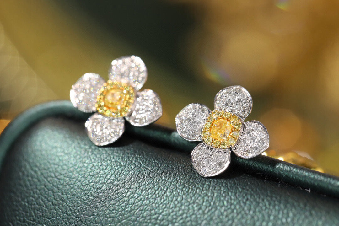 18K Solid Gold Yellow Diamond Four Leaf clover Stud Earrings/Genuine Full Diamond earrings/ gift for her