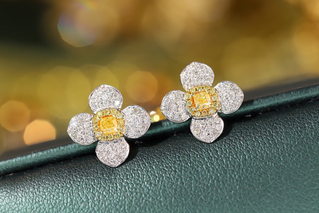 18K Solid Gold Yellow Diamond Four Leaf clover Stud Earrings/Genuine Full Diamond earrings/ gift for her