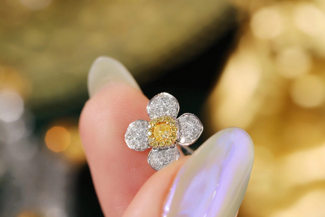 18K Solid Gold Yellow Diamond Four Leaf clover Stud Earrings/Genuine Full Diamond earrings/ gift for her