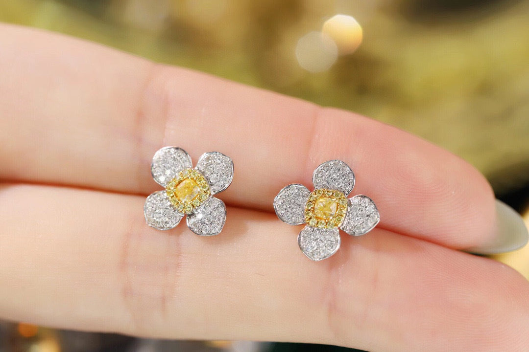 18K Solid Gold Yellow Diamond Four Leaf clover Stud Earrings/Genuine Full Diamond earrings/ gift for her