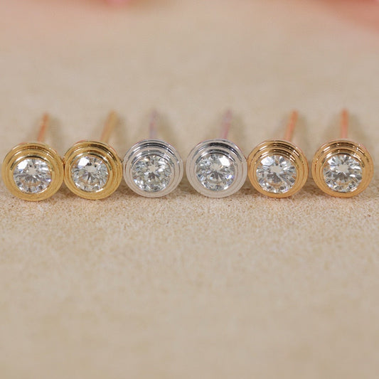 18K Solid Gold Diamond Stud Earrings,  micro-paved belt that encircles the Round Diamond Earrings, everyone wear