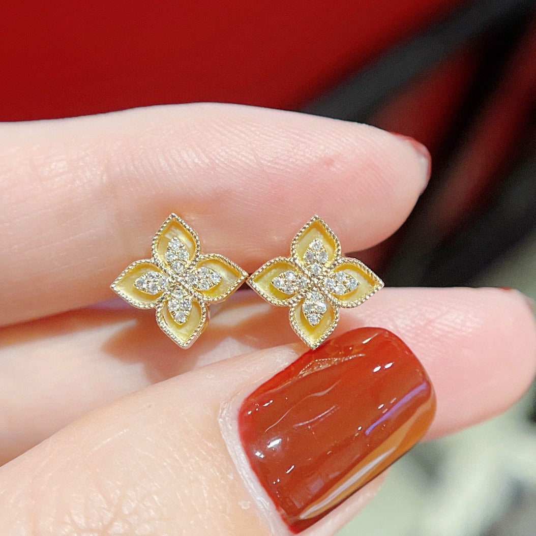 Lucky Clover Stud Earrings/18K Solid Gold Four Leaf Flower Diamond Stud Earrings